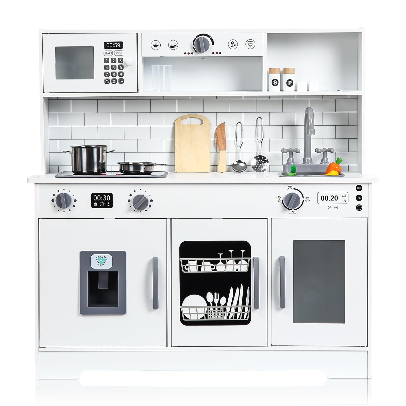 TROPOW Wooden Play Kitchen Set,with Cookware Accessories, Microwave, Oven, Sink, Light\u0026Sound,White