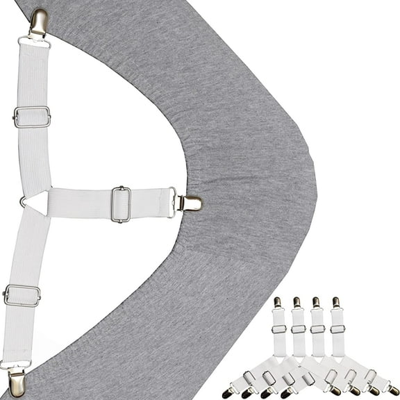 TROUVAILLE Stainless Steel 4 Pcs Bed Sheet Holder, White, Fasteners Keep Sheets Firm Tight, Bed Sheet Holders Corners, Adjustable Sheet Corner Straps Heavy Duty, One size fits all