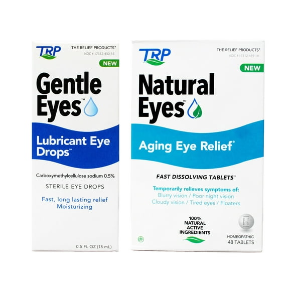TRP Gentle Eyes Lubricant Eye Drops, Fast Long Lasting Relief, Moisturizing, 0.5 fl oz & Natural Eyes Aging Eye Relief Fast Dissolving Tablets for Eye Health, Poor Night Vision. 48 Count