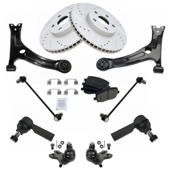 TRQ 11pc Steering & Suspension Kit Bake Pads Rotors Control Arms Tie Rods Fits 2003-2008 Pontiac Vibe Toyota Matrix