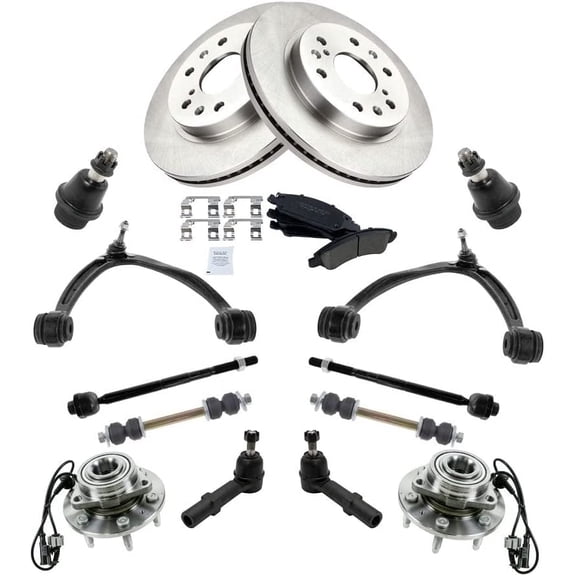 TRQ 15pc Kit Semi-Metallic Brake Pads & Rotors Tie Rods Control Arms Sway Bar End Links for Chevrolet Silverado GMC Sierra 1500 Fits select: 2008-2014 CHEVROLET TAHOE, 2007 GMC NEW SIERRA