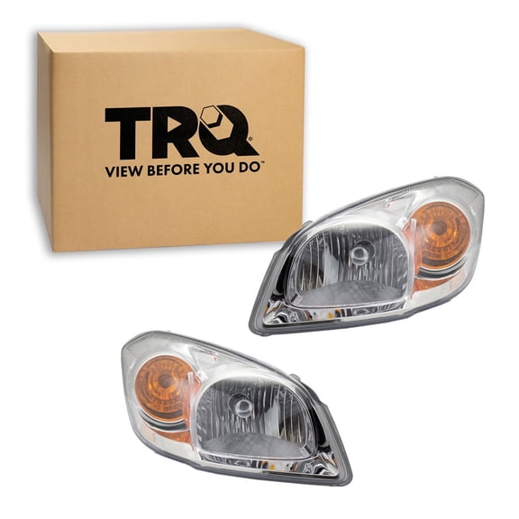 TRQ 2 Piece Headlight Assembly Set Chrome Bezel Driver & Passenger Side Fits 2005-2010 Chevrolet Cobalt 2007-2009 Pontiac G5 GM2502251 GM2502281 GM2503251 GM2503281
