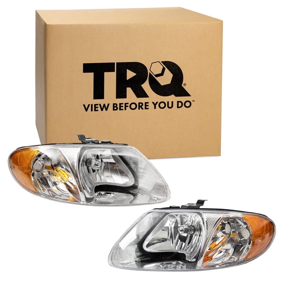TRQ 2 Piece Headlight Assembly Set Chrome Bezel Driver & Passenger Side Fits Chrysler Town & Country 2001-2007 Voyager 2001-2003 Dodge Caravan & Grand Caravan 2001-2007 CH2502129 CH2503129