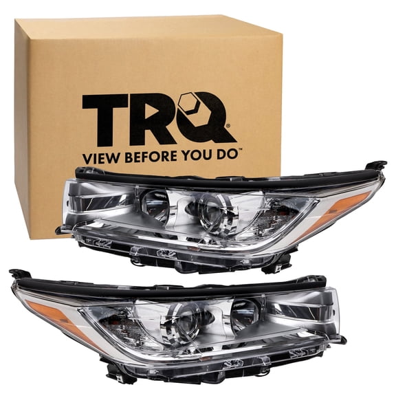 TRQ 2 Piece Headlight Assembly Set Chrome Bezel Driver & Passenger Side Fits Toyota Highlander LE LE Plus XLE 2017-2019 Without LED Daytime Running Lights TO2502251 TO2503251