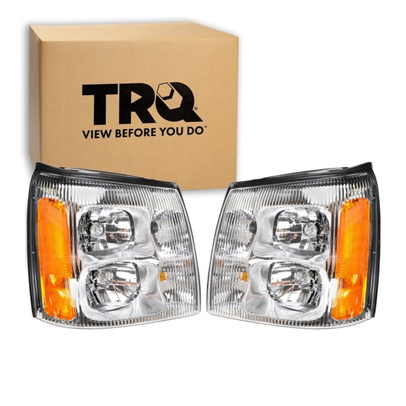 TRQ 2 Piece Headlight Assembly Set Driver & Passenger Side Fits 2002 Cadillac Escalade Escalade EXT GM2502232 GM2503232