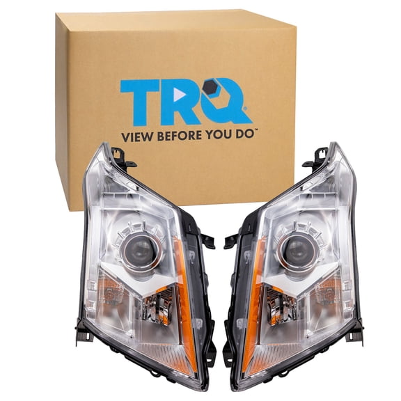 TRQ 2 Piece Headlight Assembly Set Halogen Chrome Bezel Driver & Passenger Side Fits Cadillac SRX 2010-2016 GM2502345 GM2503345 22853872 22853873
