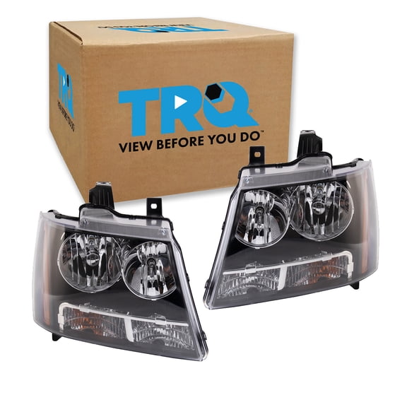 TRQ 2 Piece Headlight Assembly Set Halogen Chrome Bezel Driver & Passenger Side Fits Chevrolet Chevy Tahoe Suburban 1500 2007-2014 Avalanche Suburban 2500 2007-2013 GM2502263 GM2503263
