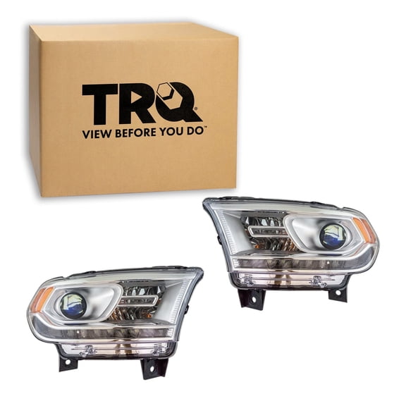 TRQ 2 Piece Headlight Assembly Set Halogen Chrome Bezel Driver & Passenger Side Fits Dodge Durango 2014-2017 With LED Daytime Running Lights CH2502257 CH2503257 68184822AH 68184823AH