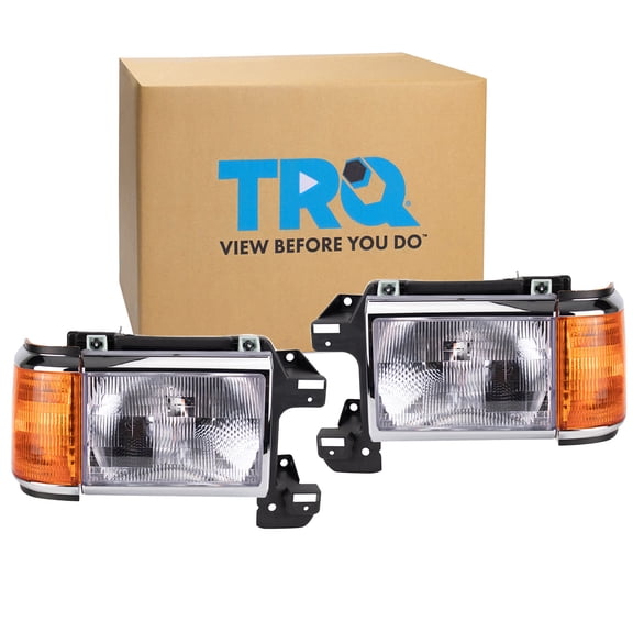 TRQ 2 Piece Headlight Assembly Set Halogen Chrome & Black Bezel Driver & Passenger Side Fits Ford Bronco F150 1987-1991 FO2502105 FO2503105