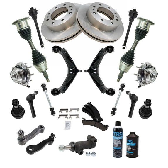 TRQ 22 Piece Kit Ceramic Brake Pads & Rotors Tie Rods Control Arms CV Axles Wheel Bearings for Chevy Silverado GMC Sierra