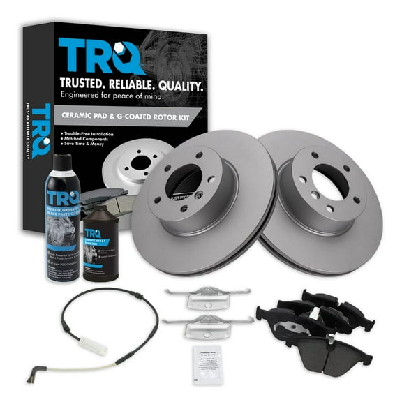 TRQ Brake Coated Rotor & Premium Ceramic Pad Front Kit w/ Sensor w/Chemicals BKA23673