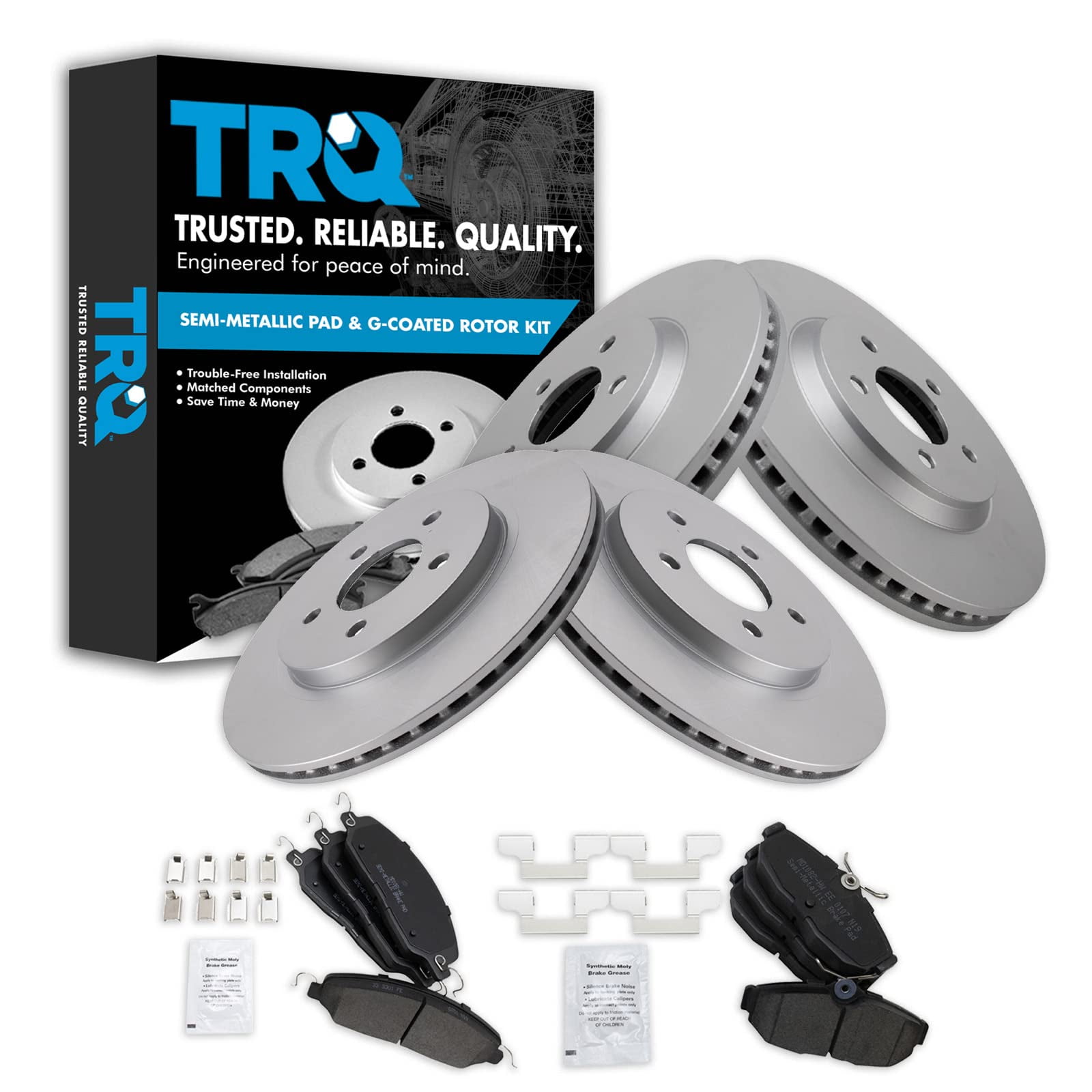 TRQ Brake Pad & Coated Rotor Kit Front & Rear LH & RH Metallic for Ford Mustang BKA23299
