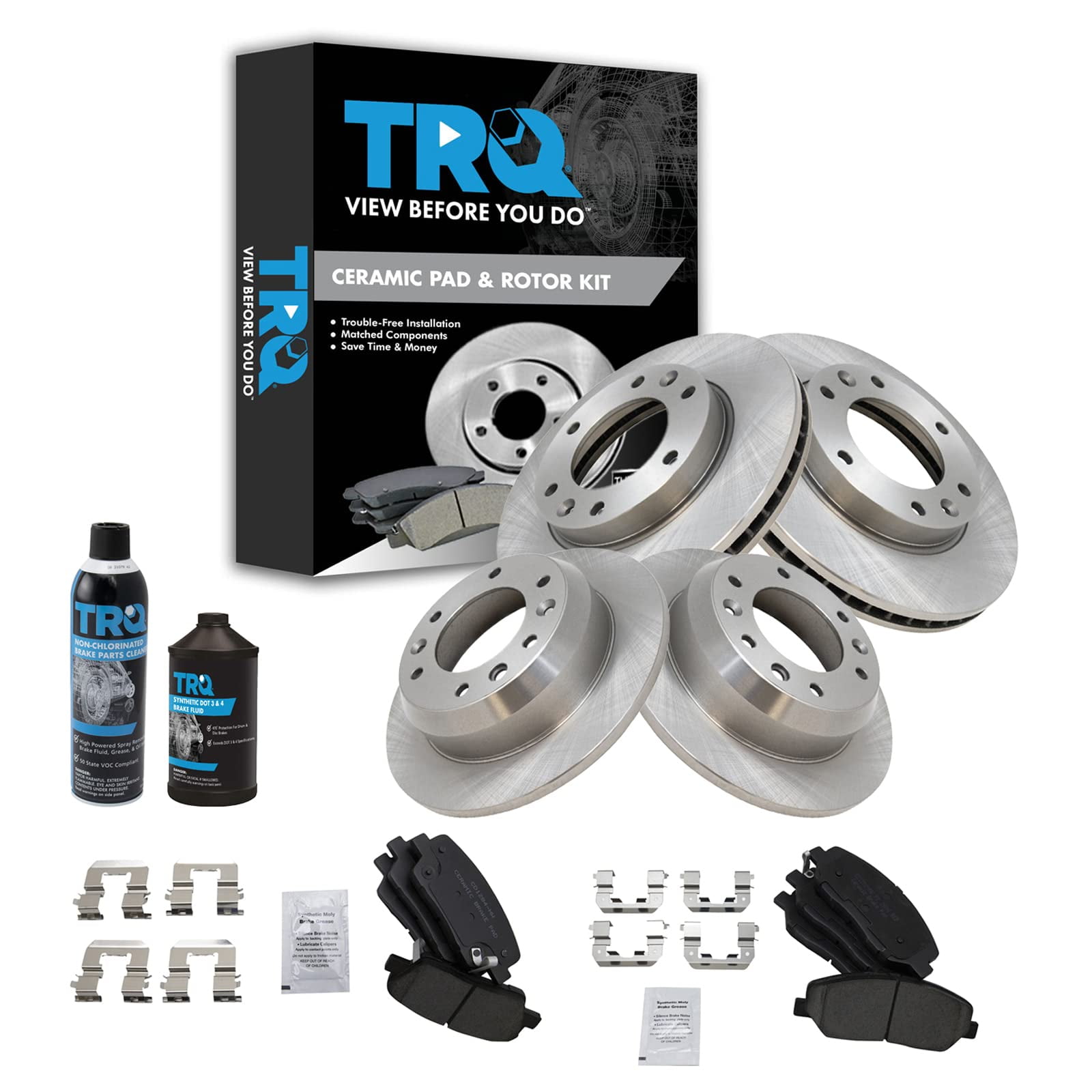 TRQ Brake Pad & Rotor Kit Ceramic Front & Rear w/Chemicals BKA16352