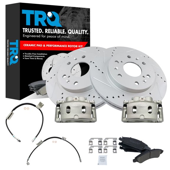 TRQ Brake Pad & Rotor Kit Slotted X Drilled Performance Ceramic Fits 2009 Chevrolet Express 1500 GMC Savana 1500