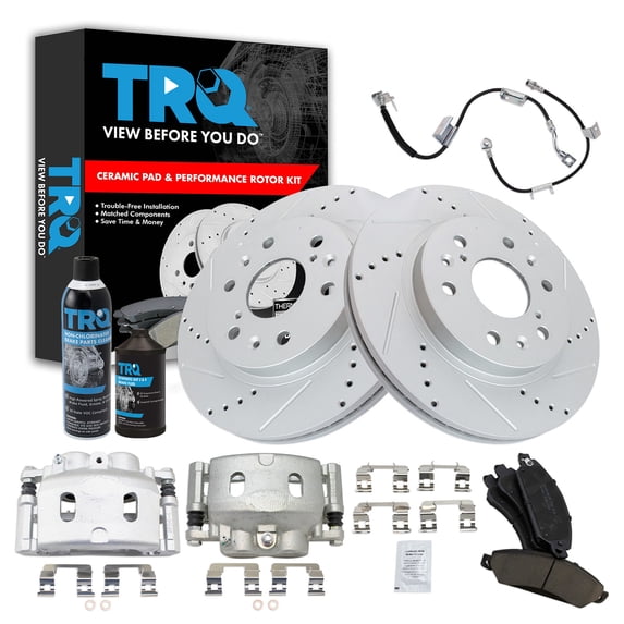 TRQ Brake Pad & Rotor Kit Slotted X Drilled Premium G-Coated Performance Ceramic Fits 2005 Chevrolet Silverado 1500 GMC Sierra 1500