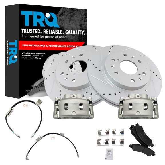 TRQ Brake Pad & Rotor Kit Slotted X Drilled Semi-Metallic Performance Fits 2009 Chevrolet Express 1500 GMC Savana 1500