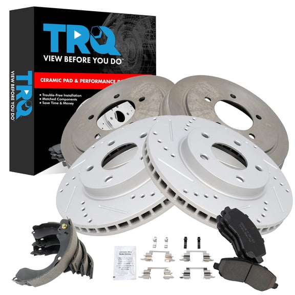 TRQ Brake Pad & Rotor,Shoe & Drum Kit Premium G-Coated Slotted X Drilled Ceramic Performance Fits 2007-2012 Dodge Caliber