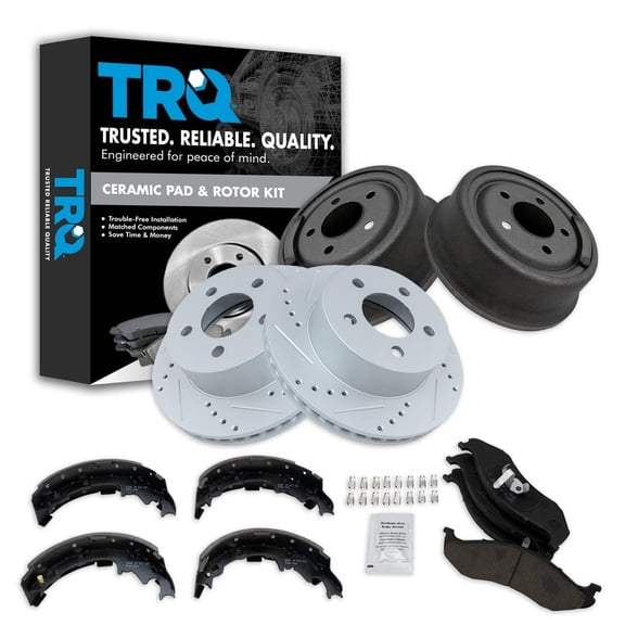 TRQ Brake Performance Rotor Ceramic Pad Drum & Shoe Front & Rear Kit for Jeep BKA22075 Fits select: 1997-2000 JEEP WRANGLER / TJ, 1999-2001 JEEP CHEROKEE