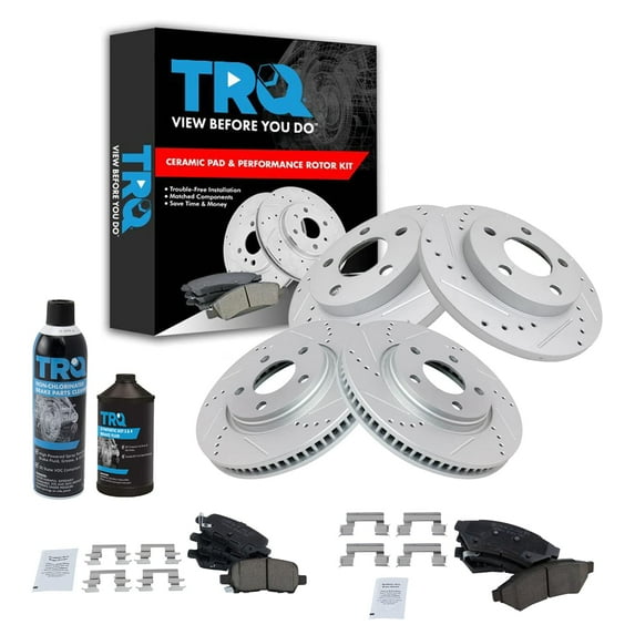 TRQ Brake Rotor Coated & Ceramic Pad Front & Rear Kit w/Chemicals BKA16952