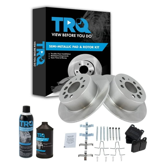 TRQ Brake Rotor & Semi Metallic Brake Pad Rear Left Right Kit w/Fluids for Volvo BKA17654 Fits select: 1990-1993 VOLVO 240, 1991-1995 VOLVO 940