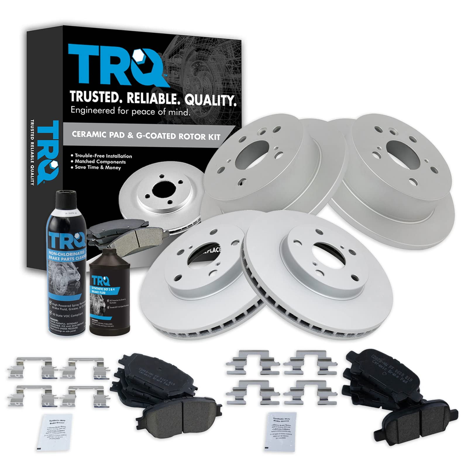 TRQ Ceramic Brake Pad & Coated Rotor Front & Rear Kit w/Fluids for ...