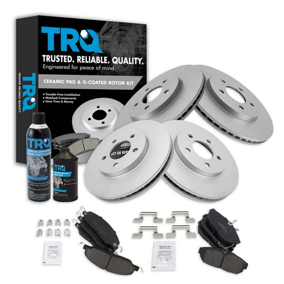 TRQ Coated Rotor & Brake Pad Ceramic Front & Rear Kit w/Fluids for Ford Mustang BKA23089
