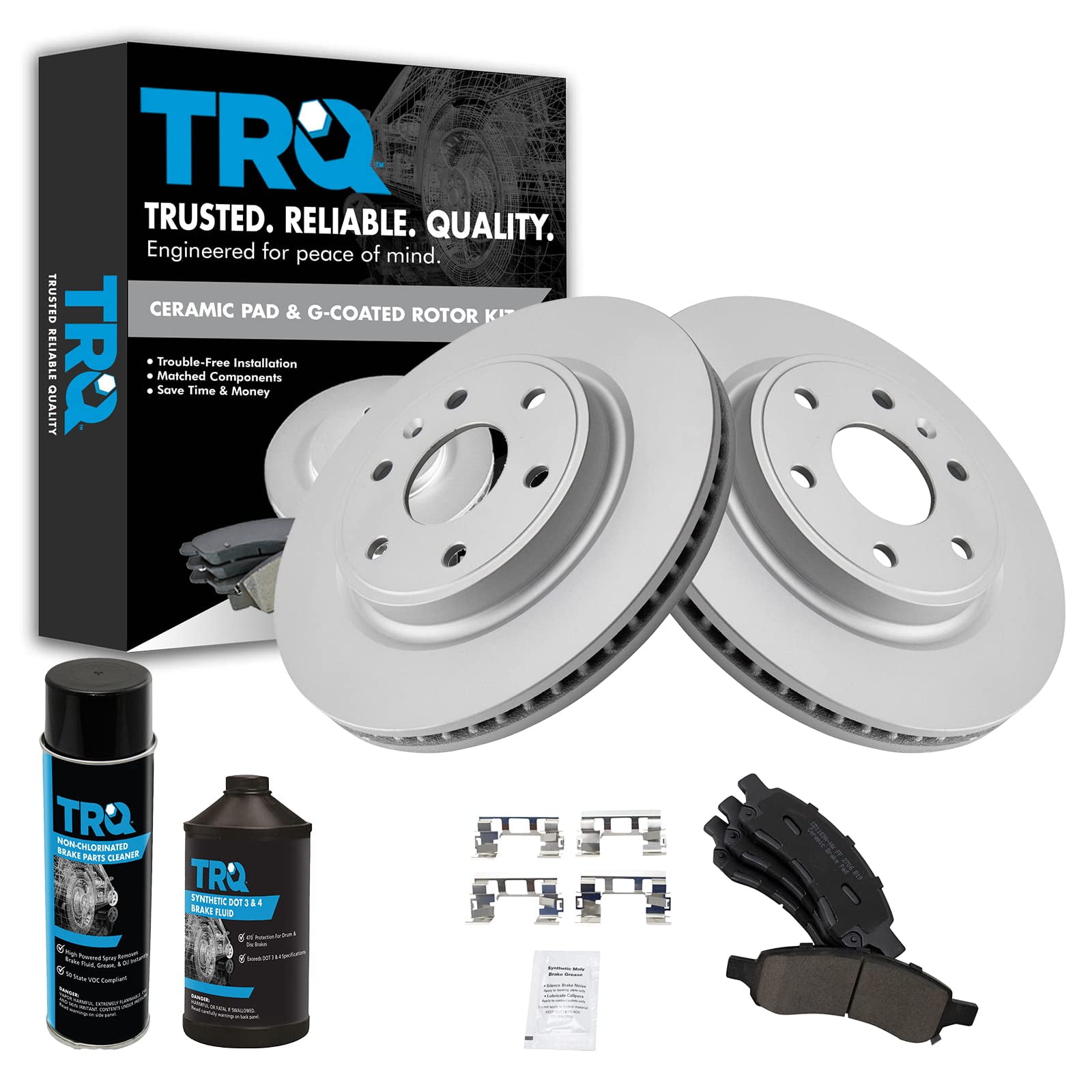 TRQ Coated Rotor & Premium Ceramic Brake Pad Front Kit w/Fluids for