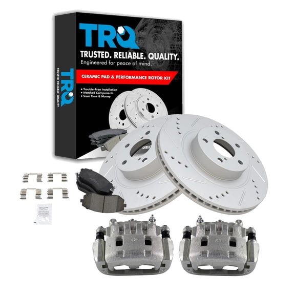 TRQ Front Brake Calipers Ceramic Pads Drilled Rotors Fits Select Forester Impreza Legacy