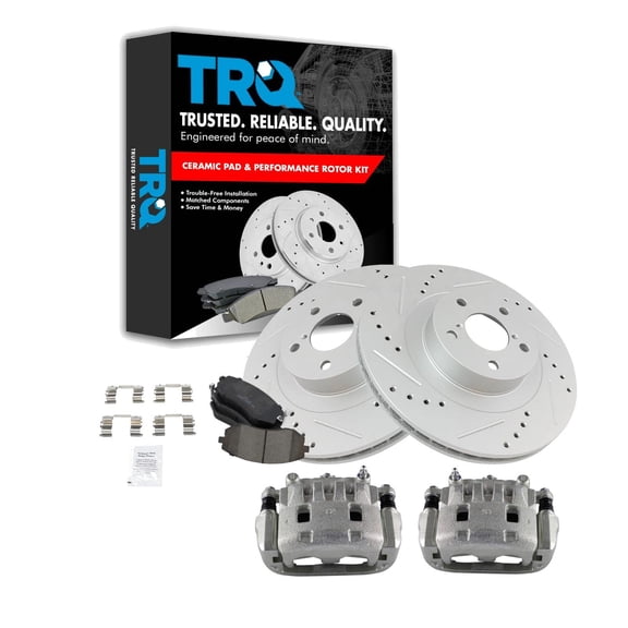 TRQ Front Brake Calipers Ceramic Pads Drilled Rotors Fits Select Forester Impreza Legacy
