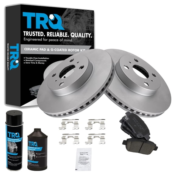 TRQ Front Brake Coated Rotor & Ceramic Pad LH RH Kit w/Fluids for 13-14 Scion IQ BKA24405