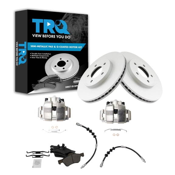 TRQ Front Brake Pad & Rotor Kit Brake Caliper Brake Hose Brake Pads Brake Rotor Semi-Metallic Premium G-Coated Fits Select 2010 Ford Escape 2009 Mercury Mariner