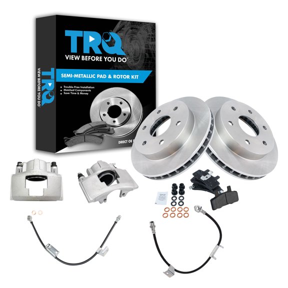 TRQ Front Brake Pad & Rotor Kit Brake Caliper Brake Hose Brake Pads Brake Rotor Semi-Metallic Fits Select 2000 Cadillac Escalade