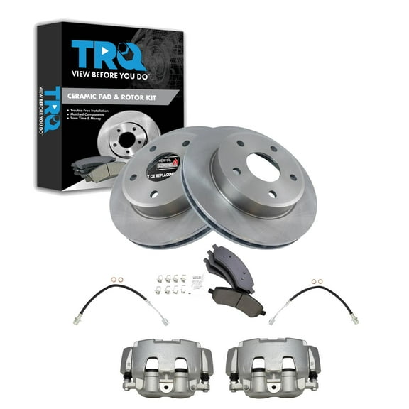TRQ Front Brake Pad & Rotor Kit Brake Caliper Brake Hose Brake Pads Brake Rotor Ceramic Fits Select 2005-2008 Dodge Dakota 2006-2009 Mitsubishi Raider