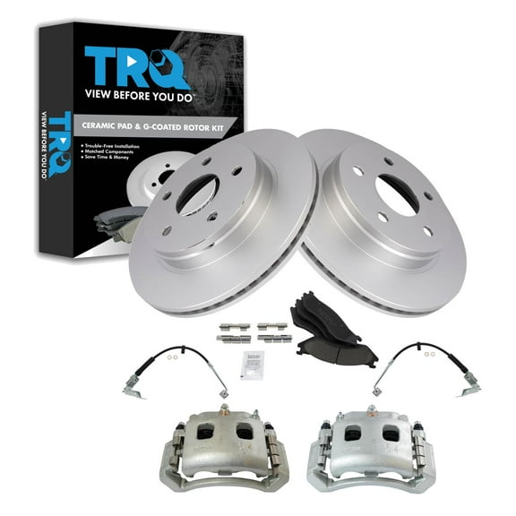 TRQ Front Brake Pad & Rotor Kit Brake Caliper Brake Hose Brake Pads Brake Rotor Ceramic Premium G-Coated Fits Select 2002-2005 Dodge Ram 1500