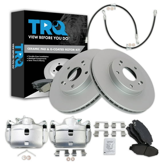 TRQ Front Brake Pad & Rotor Kit Brake Caliper Brake Hose Brake Pads Brake Rotor Ceramic Premium G-Coated Fits Select 2003-2011 Honda Element