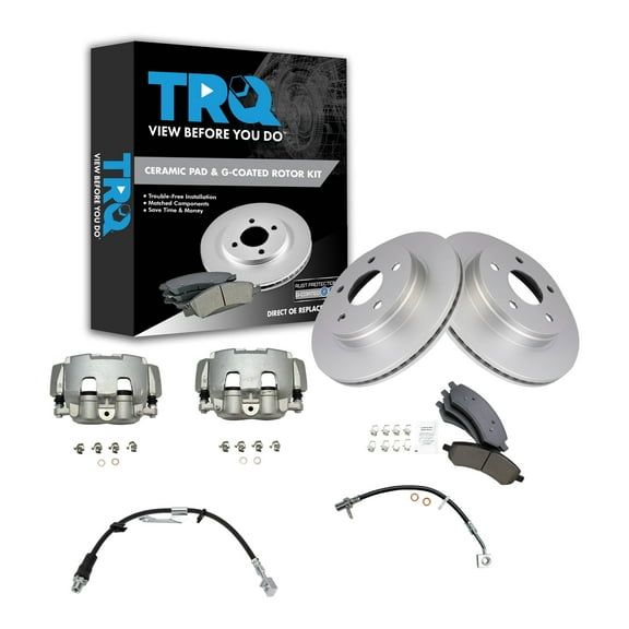 TRQ Front Brake Pad & Rotor Kit Brake Caliper Brake Hose Brake Pads Brake Rotor Ceramic Premium G-Coated Fits Select 2006-2008 Dodge Ram 1500