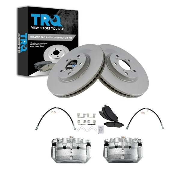 TRQ Front Brake Pad & Rotor Kit Brake Caliper Brake Hose Brake Pads Brake Rotor Ceramic Premium G-Coated Fits Select 2007-2013 Acura MDX 2010-2013 ZDX