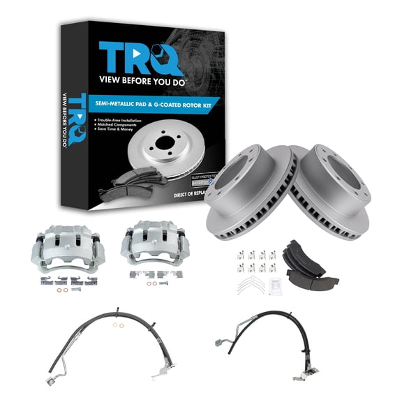 TRQ Front Brake Pad & Rotor Kit Brake Caliper Brake Hose Brake Pads Brake Rotor Semi-Metallic Premium G-Coated Fits Select 2000-2005 Ford Excursion 2000-2004 F-250 Super Duty F-350 Super Duty