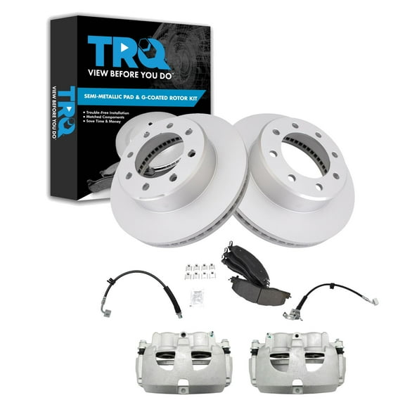 TRQ Front Brake Pad & Rotor Kit Brake Caliper Brake Hose Brake Pads Brake Rotor Semi-Metallic Premium G-Coated Fits Select 2009-2010 Dodge Ram 2500 Ram 3500 2011-2013 Ram 2500 2011 3500