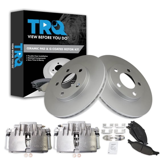 TRQ Front Brake Pad & Rotor Kit Brake Caliper Brake Pads Brake Rotor Ceramic Vented Premium G-Coated Fits Select 2003-2004 Ford Mustang