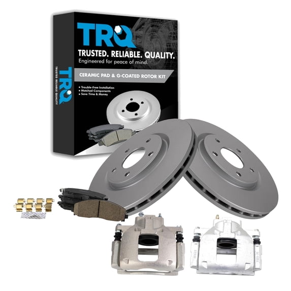 TRQ Front Brake Pad & Rotor Kit Brake Caliper Brake Pads Brake Rotor Ceramic Vented Premium G-Coated Fits Select 2012 Chrysler Town & Country Dodge Grand Caravan Ram C/V Volkswagen Routan