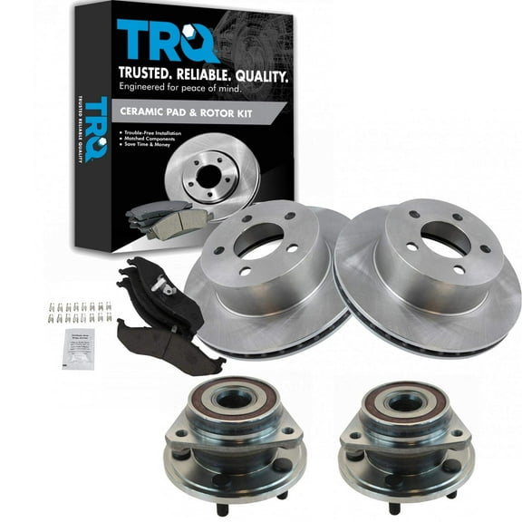 TRQ Front Brake Pad & Rotor Kit Brake Pads Brake Rotor Wheel Hub Bearing Assembly Ceramic Fits Select 1990-1998 Jeep Cherokee 1990-1992 Comanche 1993-1998 Grand Cherokee 1990 Wagoneer Wrangler