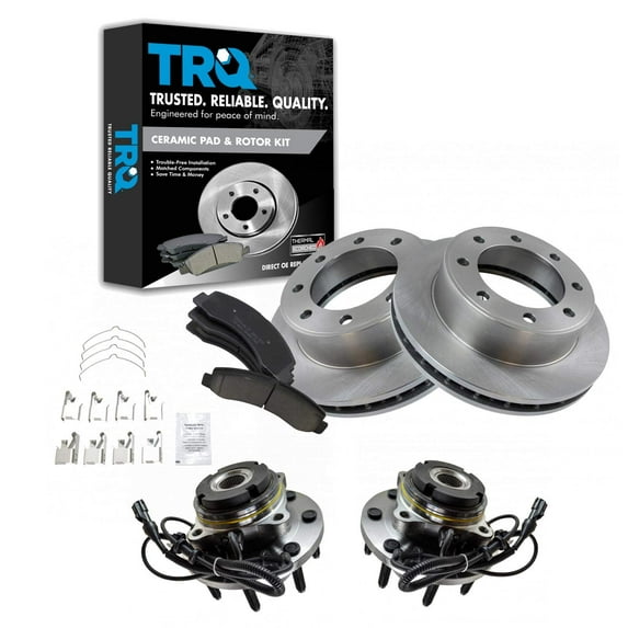 TRQ Front Brake Pad & Rotor Kit Brake Pads Brake Rotor Wheel Hub Bearing Assembly Ceramic Fits Select 2002-2005 Ford Excursion 2003-2004 F-250 Super Duty F-350 Super Duty