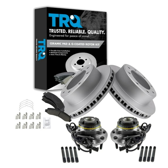 TRQ Front Brake Pad & Rotor Kit Brake Pads Brake Rotor Wheel Hub Bearing Assembly Ceramic Premium G-Coated Fits Select 2002-2005 Ford Excursion 2003-2004 F-250 Super Duty F-350 Super Duty