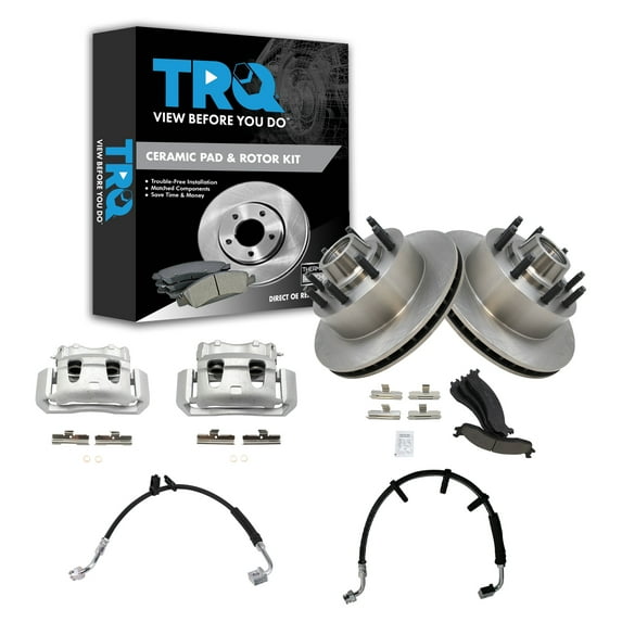 TRQ Front Brake Pad & Rotor Kit Brake Caliper Brake Hose Brake Pads Brake Rotor Ceramic Fits Select 1995 Ford E-250 Econoline 1995-1996 E-350 Econoline E-350 Econoline Club Wagon