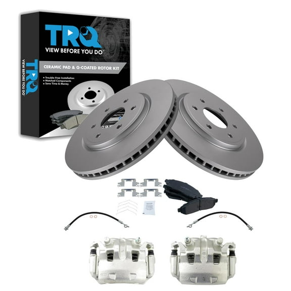 TRQ Front Brake Pad & Rotor Kit Brake Caliper Brake Hose Brake Pads Brake Rotor Ceramic Premium G-Coated Fits Select 2005-2018 Nissan Frontier 2005-2012 Pathfinder 2005-2015 Xterra
