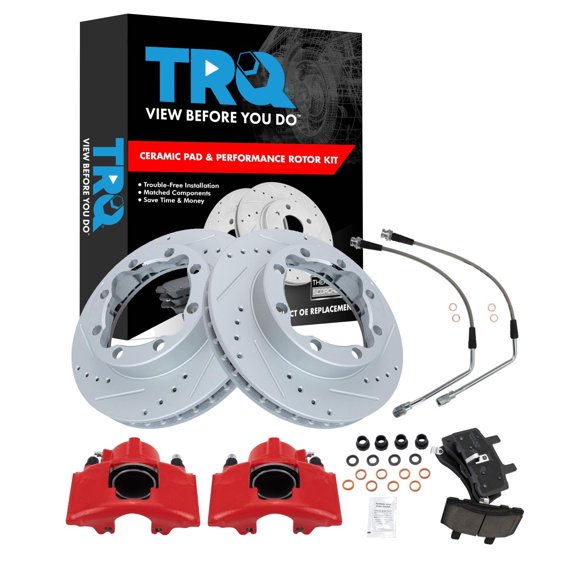 TRQ Front Brake Pad & Rotor Kit Slotted X Drilled Ceramic Performance Premium G-Coated Red Fits 1989-1996 Chevrolet K2500 1992-1996 K2500 Suburban GMC
