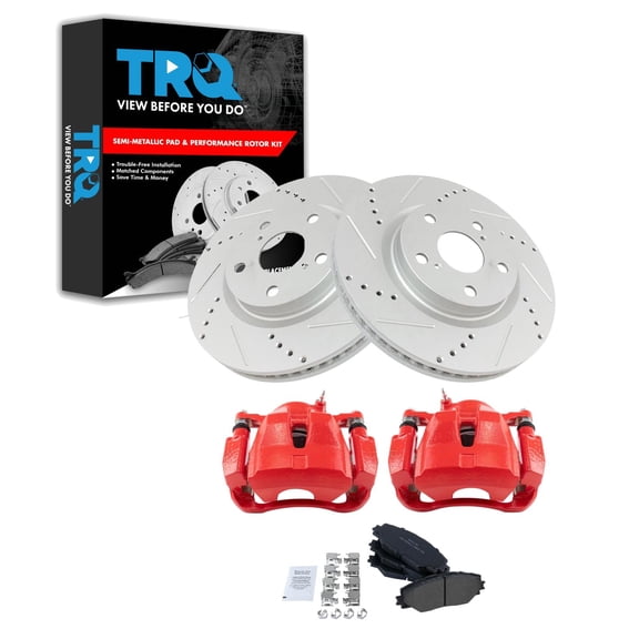 TRQ Front Brake Pad & Rotor Set Semi Metallic Coated Drilled Rotors Calipers Fits 2006-2008 & 2016-2018 Toyota RAV4 2009-2013 Matrix 2011-2016 Scion tC 2016-2019 Mirai 2016-2018 Corolla iM