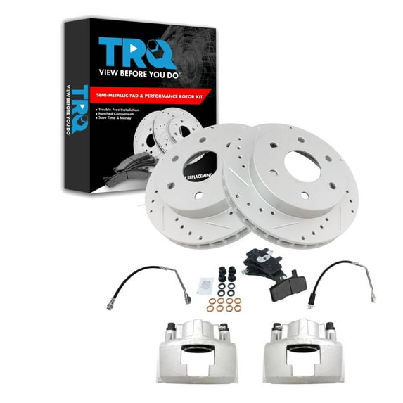 TRQ Front Brake Pad and Rotor Set Semi Metallic Coated Drilled Slotted Rotors Calipers Hoses Fits 1999 Cadillac Escalade 1988-2000 Chevrolet GMC K1500 K2500 Blazer Suburban Tahoe Yukon