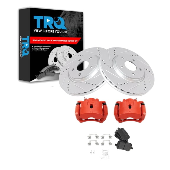 TRQ Front Brake Pad and Rotor Set Semi Metallic Coated Drilled Slotted Vented Rotors Calipers Fits 2007-2012 Chevrolet Malibu 2007-2010 Pontiac G6 2007-2009 Saturn Aura